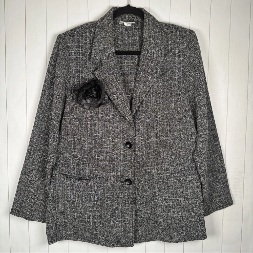 Vintage Blair 80s 90s Tweed Gray Blazer Formal Business Jacket Flower Brooch 14P